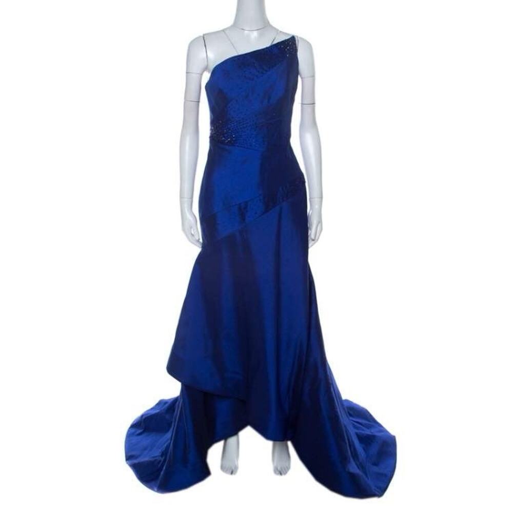 ML Monique Lhuillier Blue Beaded Faille Trumpet Gown Blue 12